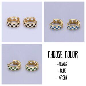 24K Gold Filled Enamel Checker Hoop Earring Retro Gold Huggie Blue, Black, Green